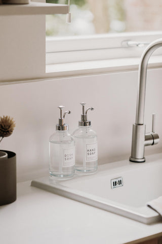 Hand Soap and Dish Soap Clear Glass Bottles With Silver Pump Lid 500ml - Hanker