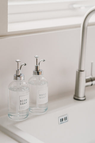 Hand Soap and Dish Soap Clear Glass Bottles With Silver Pump Lid 500ml - Hanker