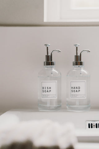 Hand Soap and Dish Soap Clear Glass Bottles With Silver Pump Lid 500ml - Hanker