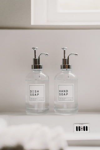Hand Soap and Dish Soap Clear Glass Bottles With Silver Pump Lid 500ml - Hanker