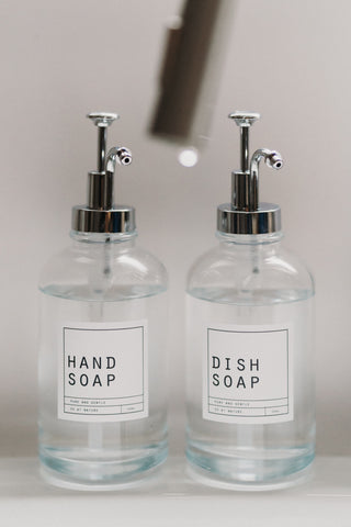 Hand Soap and Dish Soap Clear Glass Bottles With Silver Pump Lid 500ml - Hanker