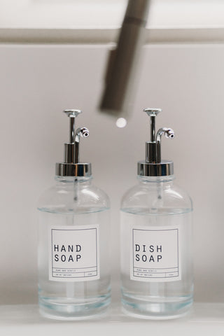 Hand Soap and Dish Soap Clear Glass Bottles With Silver Pump Lid 500ml - Hanker