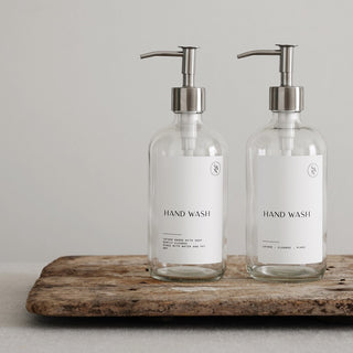 Duo clear 500 ml glass pump bottle set with metal pump lids