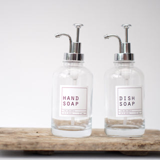 Hand Soap and Dish Soap Clear Glass Bottles With Silver Pump Lid 500ml - Hanker