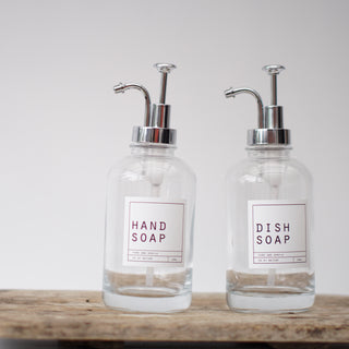 Hand Soap and Dish Soap Clear Glass Bottles With Silver Pump Lid 500ml - Hanker