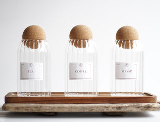 Reeded Glass Tea, Coffee & Sugar Jar Set – Airtight Canisters with Natural Cork Lids