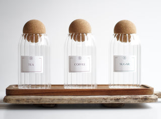 Reeded Glass Tea, Coffee & Sugar Jar Set – Airtight Canisters with Natural Cork Lids