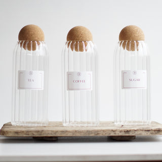 Reeded Glass Tea, Coffee & Sugar Jar Set – Airtight Canisters with Natural Cork Lids