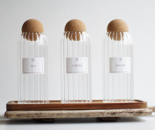 Reeded Glass Tea, Coffee & Sugar Jar Set – Airtight Canisters with Natural Cork Lids