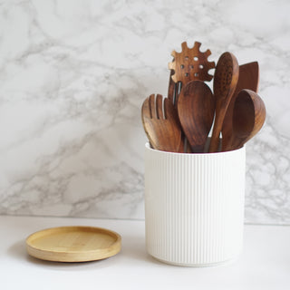 wooden kitchen utensil set with rotating ceramic pot