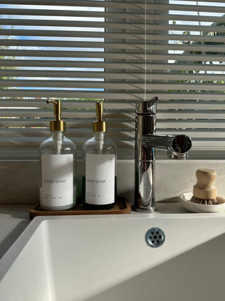 Clear Glass Dispenser & Sink Set – 2 Bottles, Tray, Pot Brush & Dish