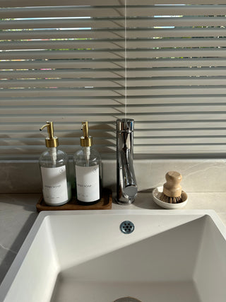 Clear Glass Dispenser & Sink Set – 2 Bottles, Tray, Pot Brush & Dish