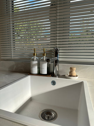 Clear Glass Dispenser & Sink Set – 2 Bottles, Tray, Pot Brush & Dish