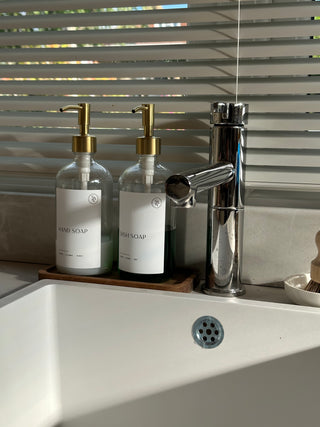 Clear Glass Dispenser & Sink Set – 2 Bottles, Tray, Pot Brush & Dish