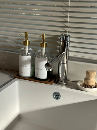 Clear Glass Dispenser & Sink Set – 2 Bottles, Tray, Pot Brush & Dish