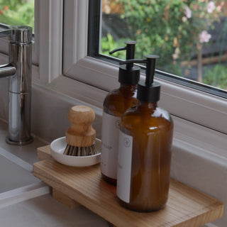 Glass Amber Bottles and Wooden Footed Board Set
