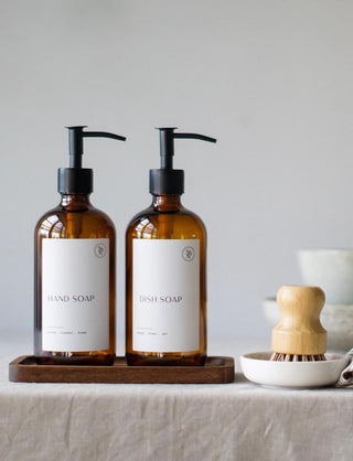 amber bottle kitchen set with tray and scrub brush