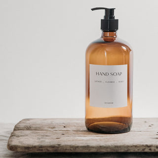 Large Amber Glass Soap Dispensers With Black Pump Lid