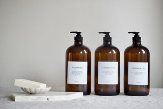 shower gel, shampoo, conditioner bottles
