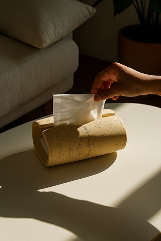 Hand pulling a tissue from a beige stone tissue holder