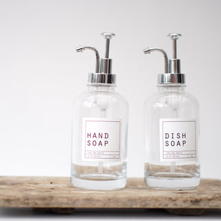 Hand Soap and Dish Soap Clear Glass Bottles With Metal Silver Pump Lid 500ml - Hanker
