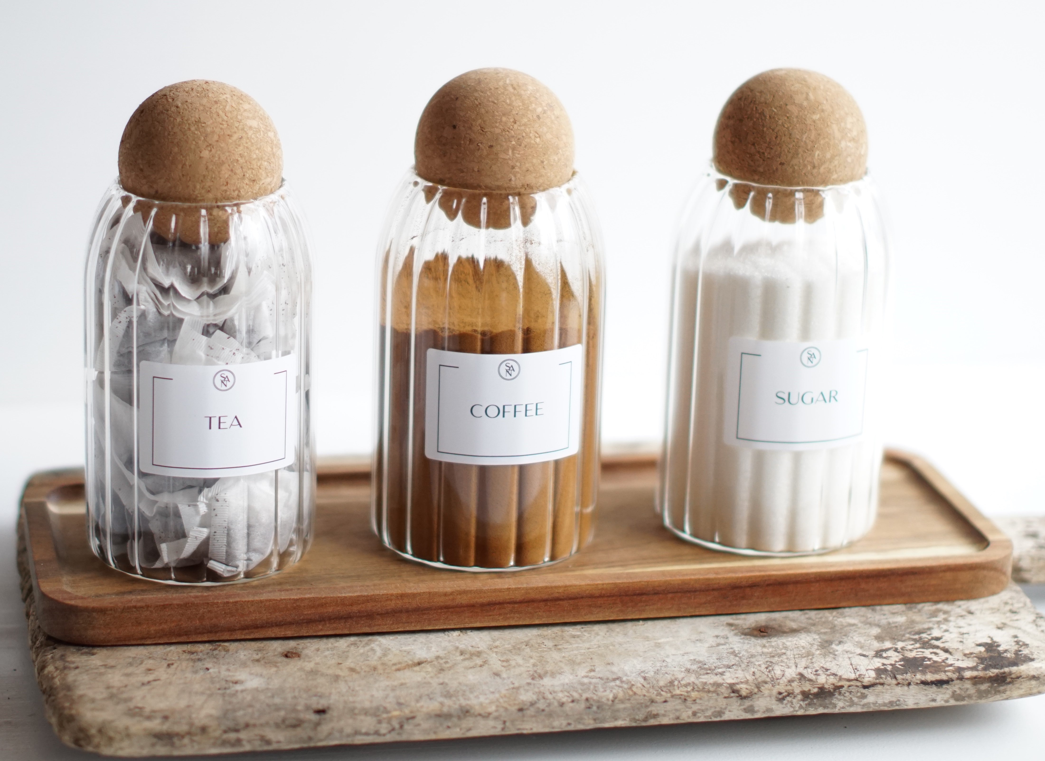 Reeded Glass Tea, Coffee Sugar Jar Set – Airtight Canisters with