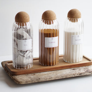 Reeded Tea, Coffee, Sugar Glass Canisters with Cork Ball Lid | Tea Coffee Sugar Storage Jars - So At Nature