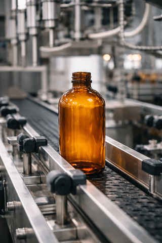 Amber glass bottle on an industrial conveyor belt