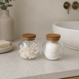 Two small clear glass jars with cork lids sit on a bathroom counter, one filled with cotton swabs and the other with white pads. A white vessel with greenery and a round sink are visible in the softly lit background.