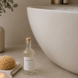 A clear glass bottle with a cork stopper and a white label reading 'BUBBLE BATH' sits on a beige tiled bathroom floor beside a large white freestanding tub. A sponge, folded towel, candle, and leafy branch are nearby, with a lit candle visible in the background.