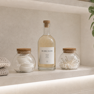 A clear glass bottle labeled 'BUBBLE BATH' with a cork stopper stands on a shelf between two round glass jars with cork lids, one containing cotton pads and the other cotton swabs. The setting is a softly lit bathroom shelf with folded towels and a green plant in the background.