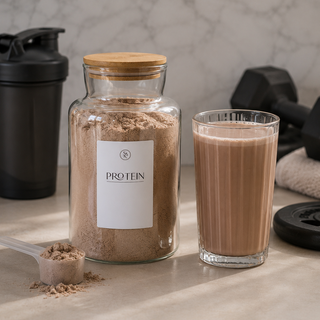 Protein powder jar with a glass of protein shake on a marble surface.