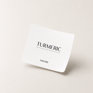 A white square card with rounded corners displaying the text 'TURMERIC' and 'PANTRY' in black, set against a light beige background.