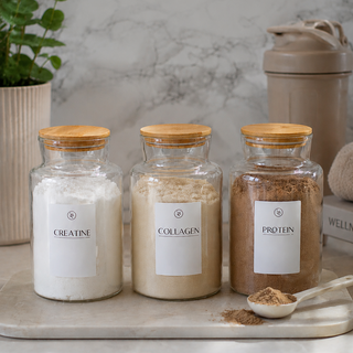 Three glass jars labeled 'Creatine', 'Collagen', and 'Protein' on a marble surface with a plant in the background.